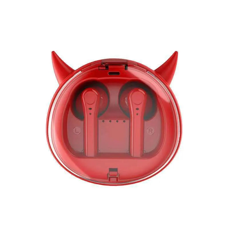 Macaron Red true wireless Bluetooth 5.0 headset with in-ear design showing battery display