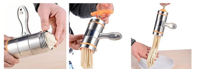 Compact stainless steel pasta maker with seven noodle moulds for making a variety of fresh homemade pasta shapes