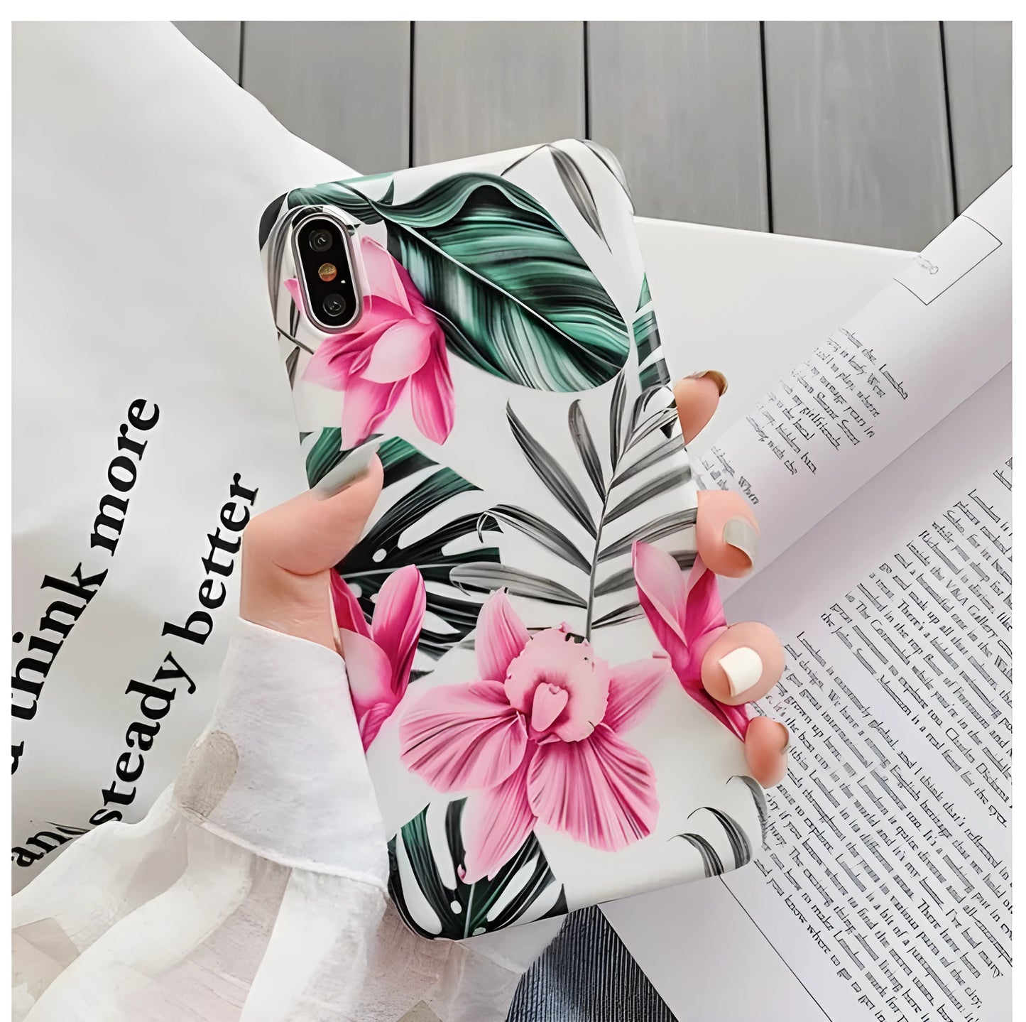 Pink floral print TPU back cover case for iPhone models 6 through 11 Pro Max.