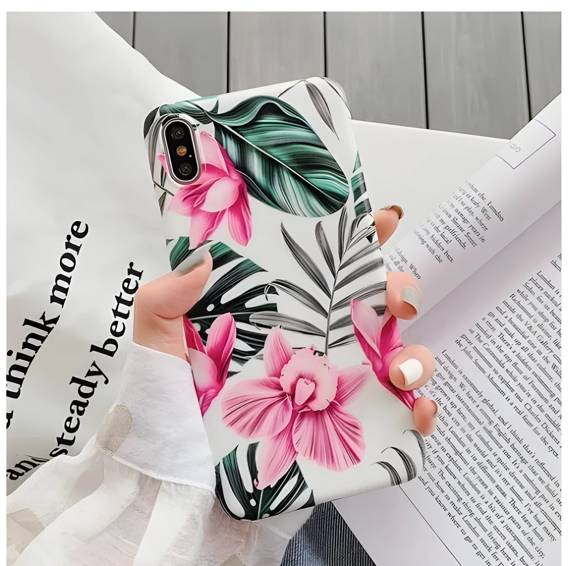 Pink floral print TPU back cover case for iPhone models 6 through 11 Pro Max.