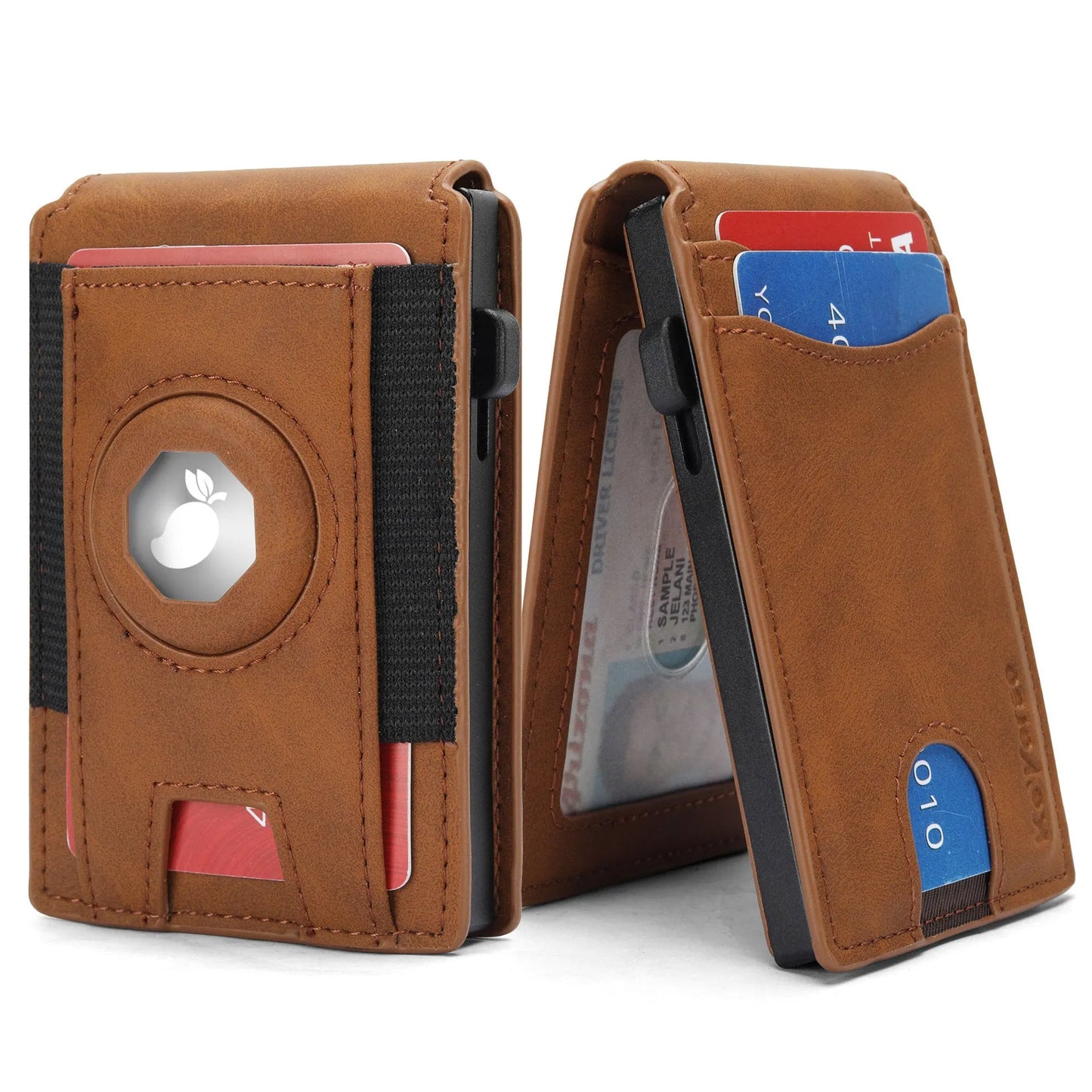 Slim men's synthetic leather card holder wallet shown in black, dark brown, and light brown.