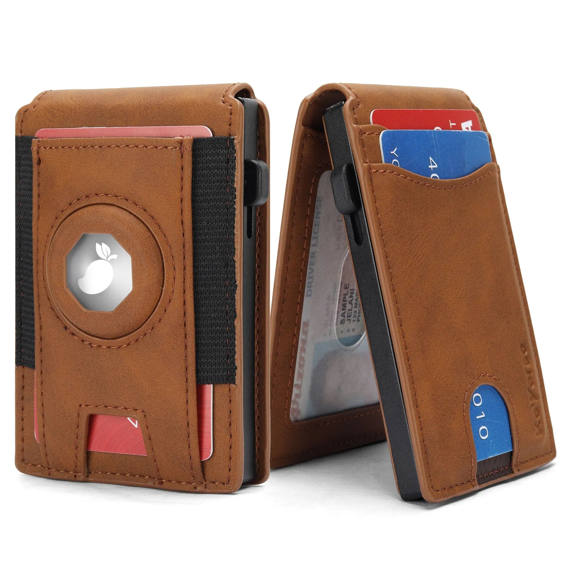 Slim men's synthetic leather card holder wallet shown in black, dark brown, and light brown.