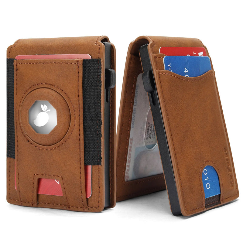 Men's synthetic leather slim card holder wallet in microfiber for RFID blocking, available in light brown, dark brown, or black, featuring a compact design to hold multiple cards without bulk.