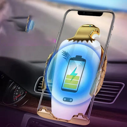 Car phone holder with wireless charging pad and Eagle design on a suction cup mount.