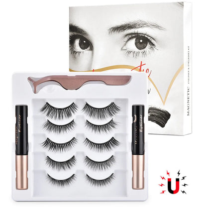 Magnetic false eyelashes set with 5 pairs of imported fibre lashes and 2 mascaras, hand-crafted, 13.7x14.5x1.7cm case