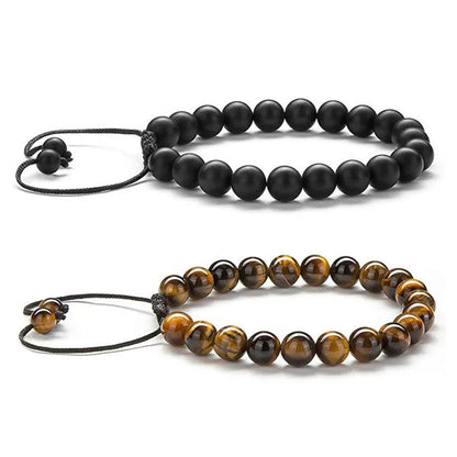 Tiger eye couple bracelets with matte black agate beads in geometric design