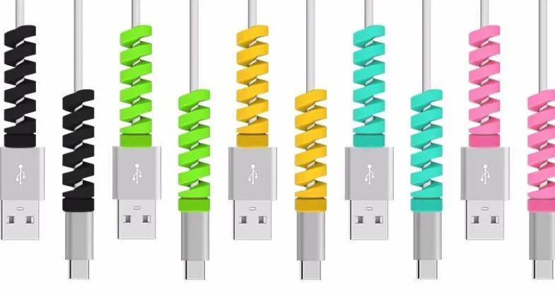 Plastic charging cable protector sleeve shown in various colours including black, blue, pink and yellow.