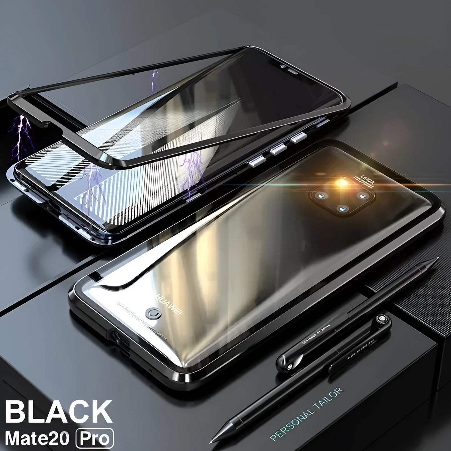 Magnetic phone case with metal frame and 9H tempered glass back in black, blue, red, or white for Honor and Huawei phones