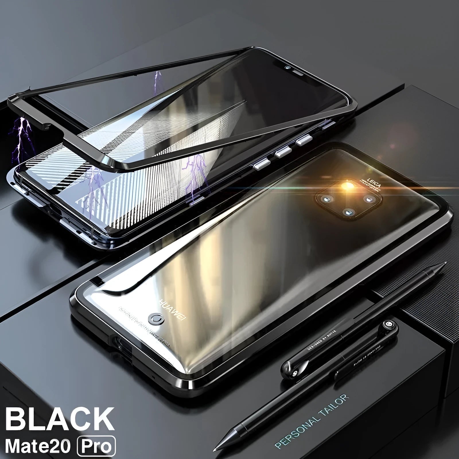 Magnetic phone case with metal frame and 9H tempered glass back in black, blue, red, or white for Honor and Huawei phones