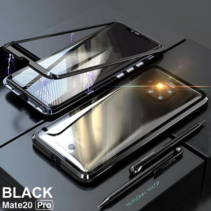 Magnetic phone case with metal frame and 9H tempered glass back in black, blue, red, or white for Honor and Huawei phones