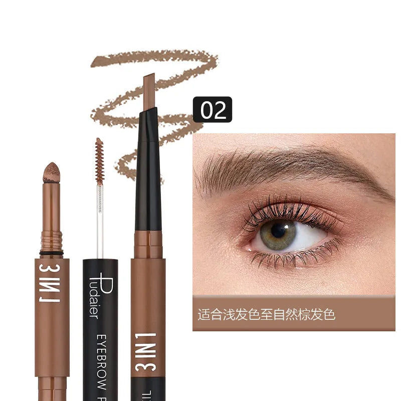 A double-headed waterproof eyebrow pencil with pencil and powder, shown in one of six colour styles.