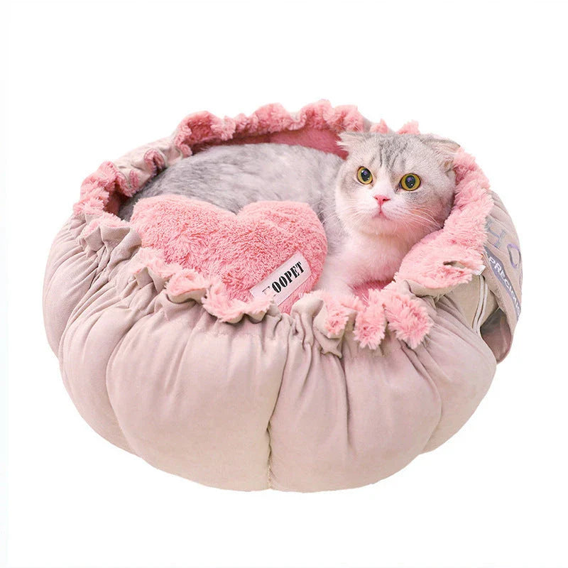 Plush and soft pet bed in a stylish petal-pink design, ideal for cats and small dogs