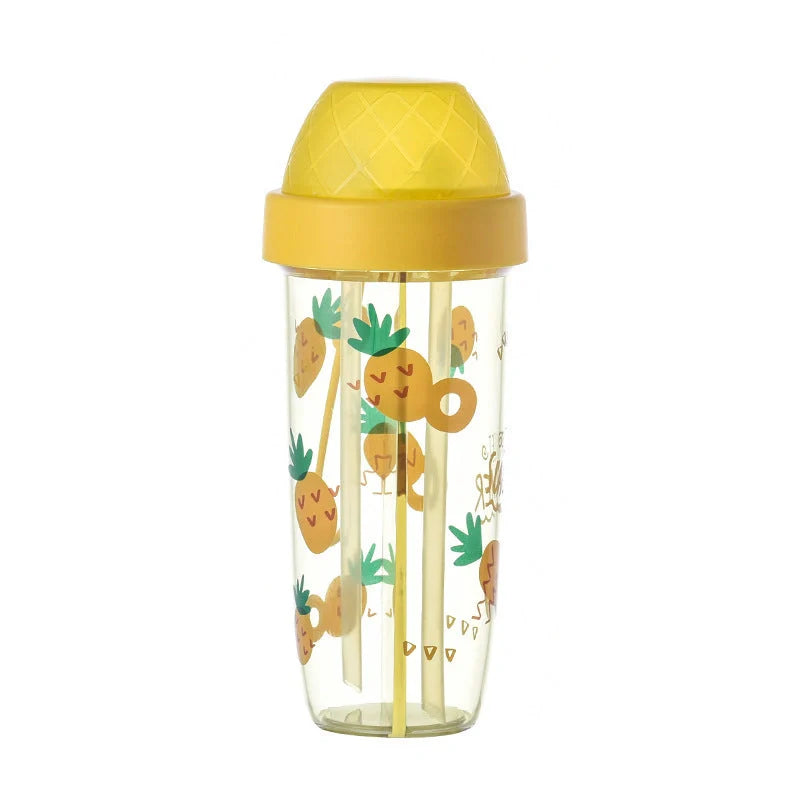 Double straw cup with leak-proof design for couples, available in pineapple, strawberry, and watermelon patterns.