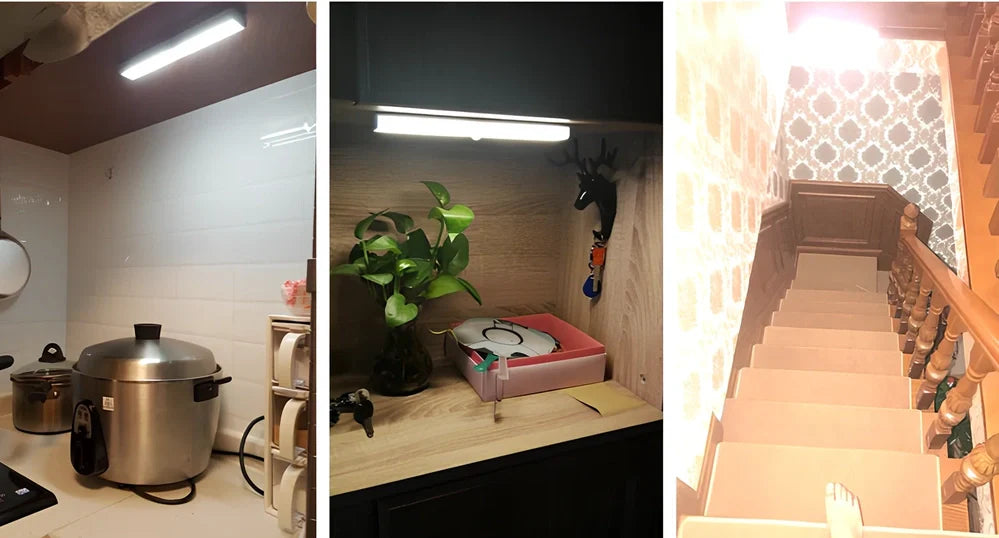 Wireless LED wardrobe light in 300mm size with motion sensor and charging pad, warm white glow, mounted on shelf