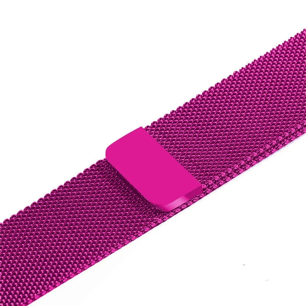 Stainless steel Apple Watch strap in silver on a wrist, showing the metal links and secure clasp.