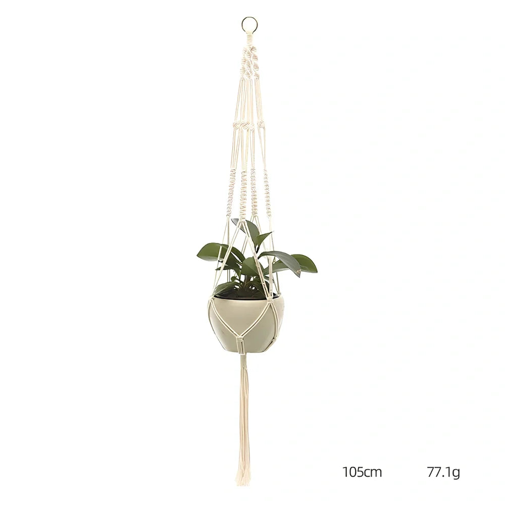 Hand-knitted cotton flowerpot net bag showing intricate pattern and hanging installation with plant