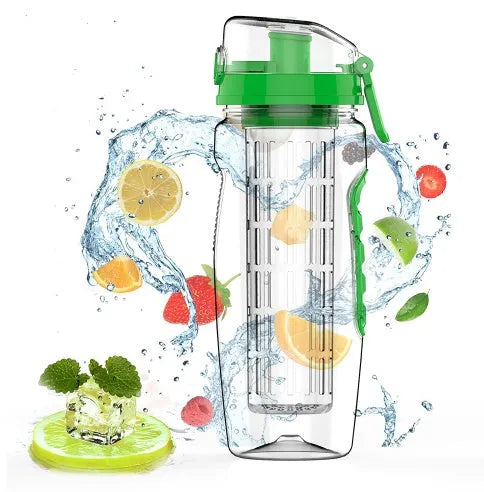 Black fruit infuser shaker bottle with removable transparent fruit holder, 900ml capacity.