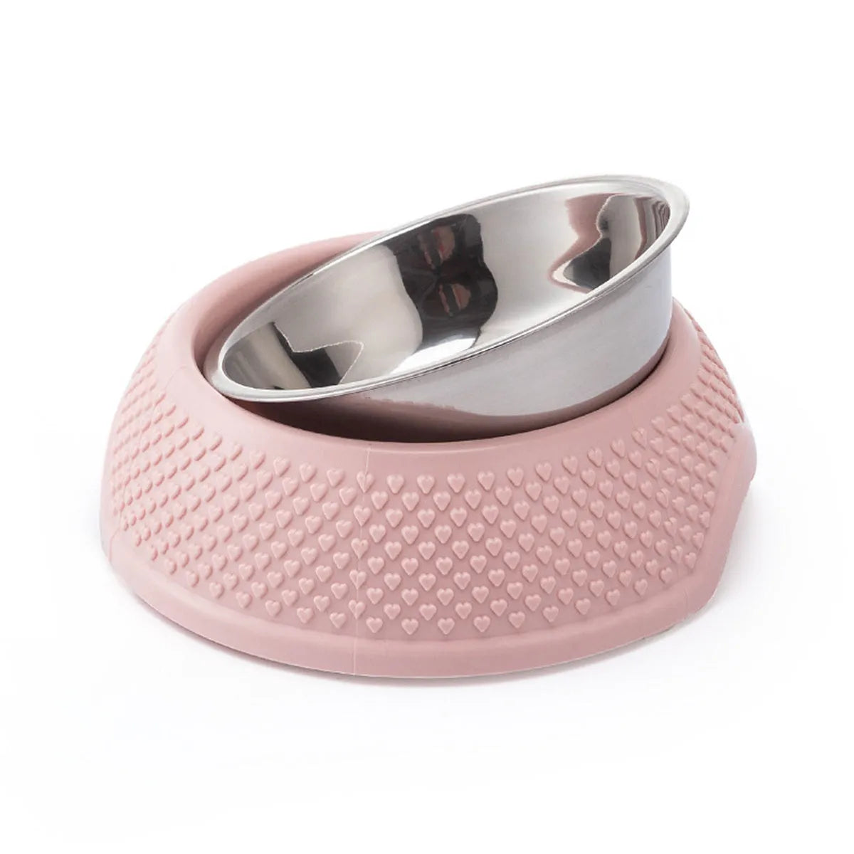Set of four stainless steel pet bowls with non-slip bases in blue, green, and pink colours.