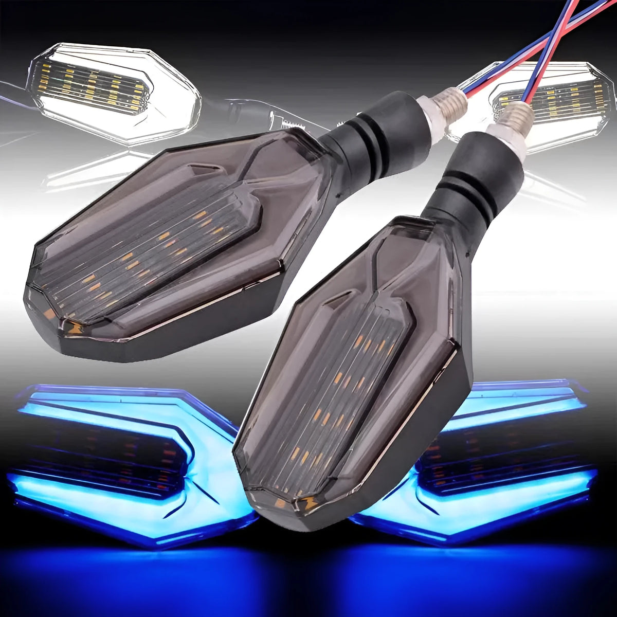 Pair of motorcycle LED indicator signal lights showing the two-colour light guide and 30 LED design.