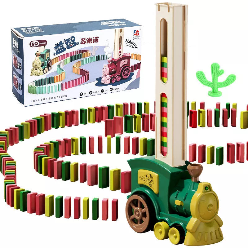 Electric domino train building blocks toy for children, available in dark green and wine red