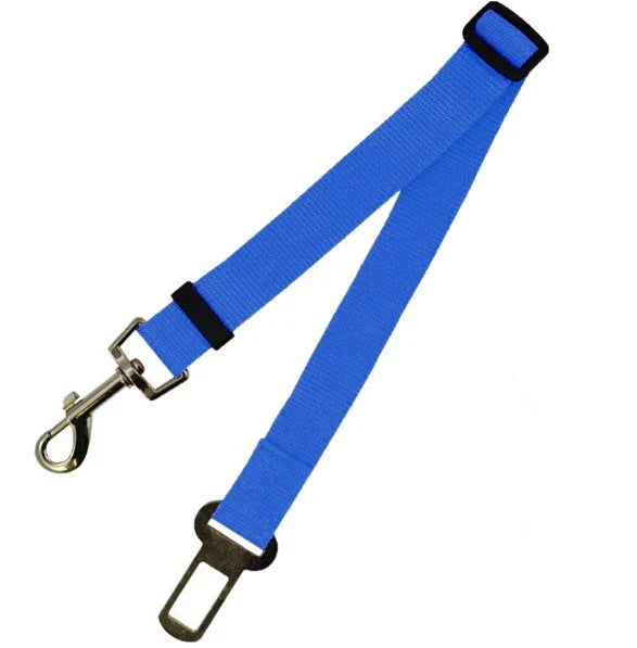 Adjustable dog seat belt with secure clip and buckle for attaching to pet harness and vehicle seatbelt