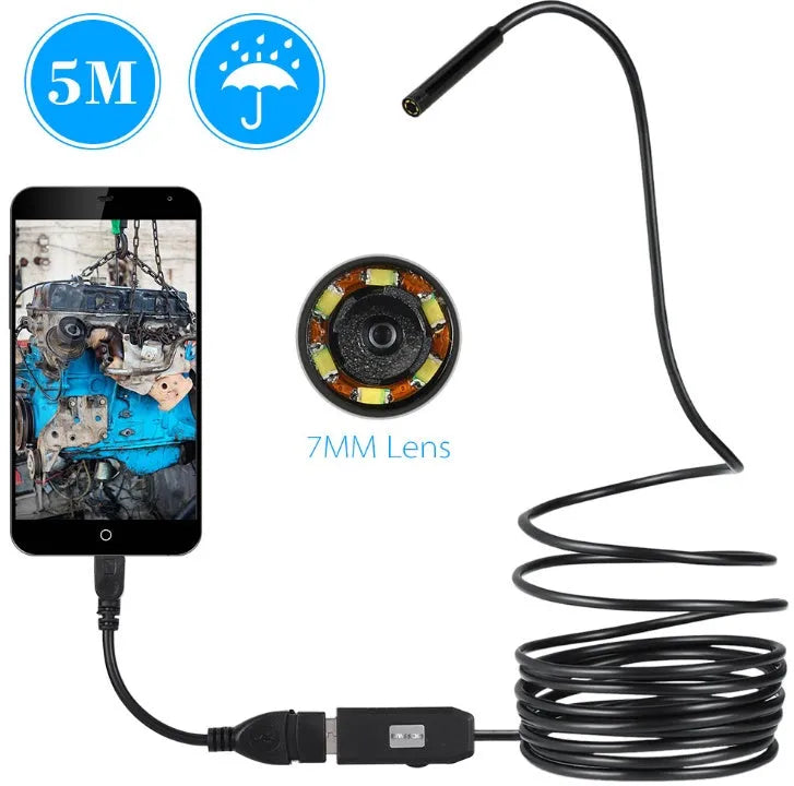 OWSOO USB endoscope camera with flexible black cable, small hook, magnet, and side mirror attachments on a white background.