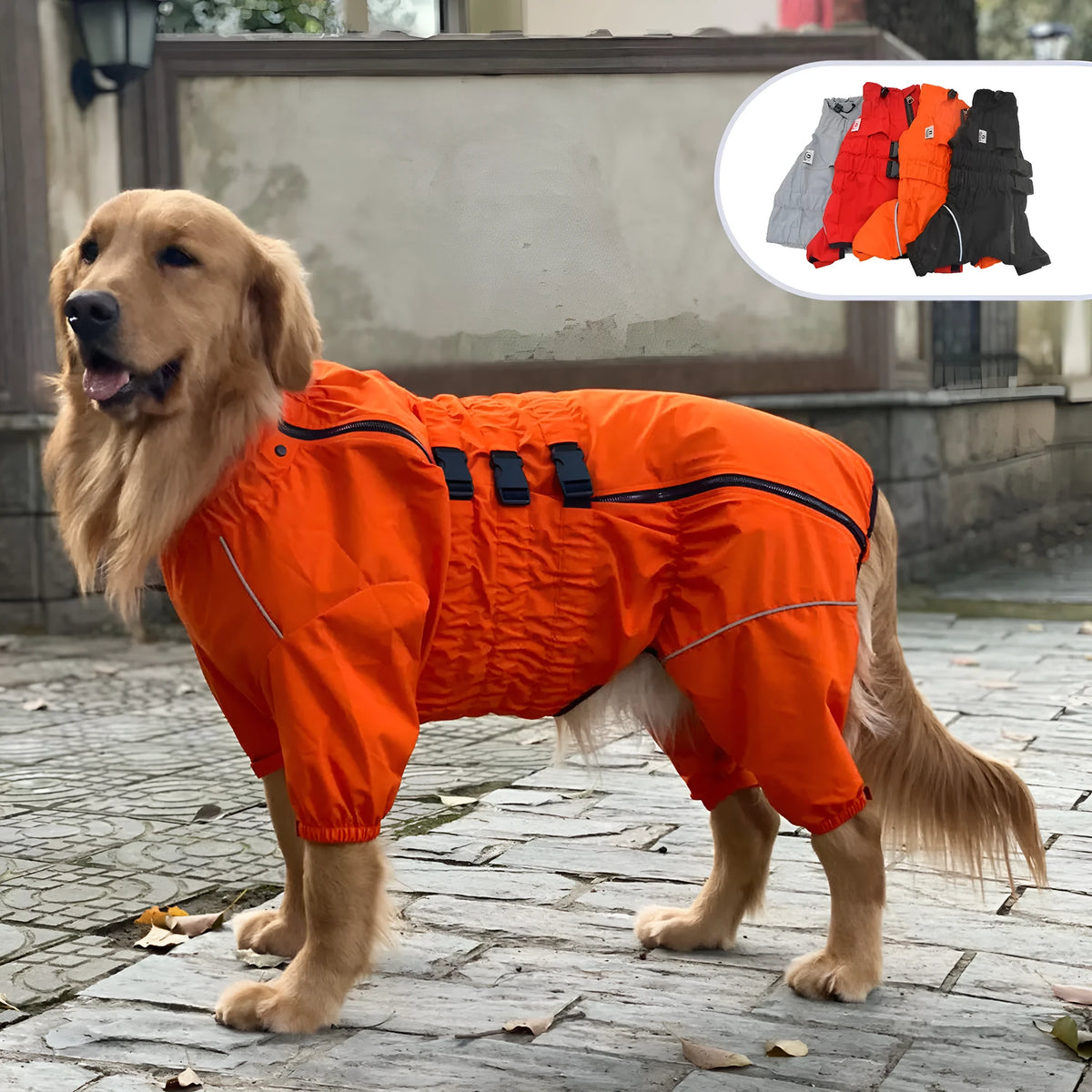 Four legged dog raincoat in polyester, available in black, orange and red, sizes XS to 5XL and B/D sizes