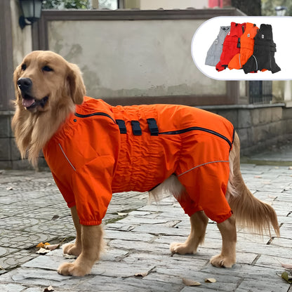 Four legged dog raincoat in polyester, available in black, orange and red, sizes XS to 5XL and B/D sizes