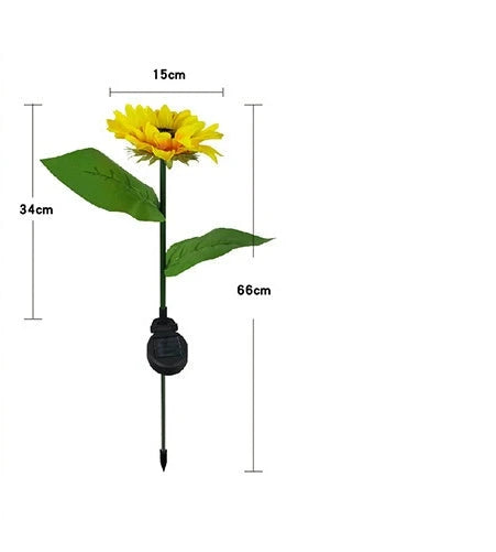Elegant solar-powered sunflower lamps illuminating a serene outdoor garden pathway