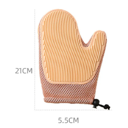 Pet grooming glove for hair removal with mesh fabric surface in choice of three colours