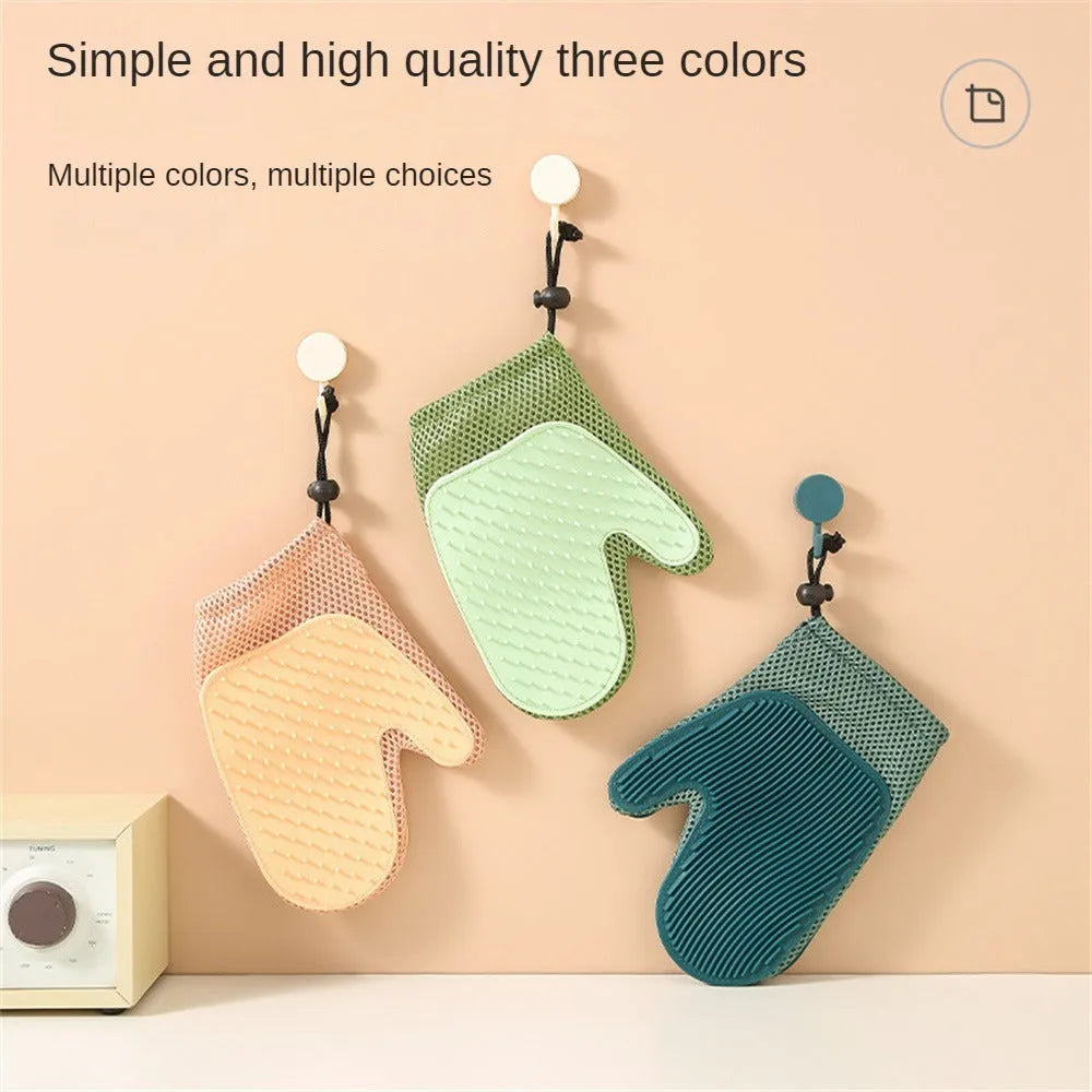 Pet grooming glove for hair removal with mesh fabric surface in choice of three colours