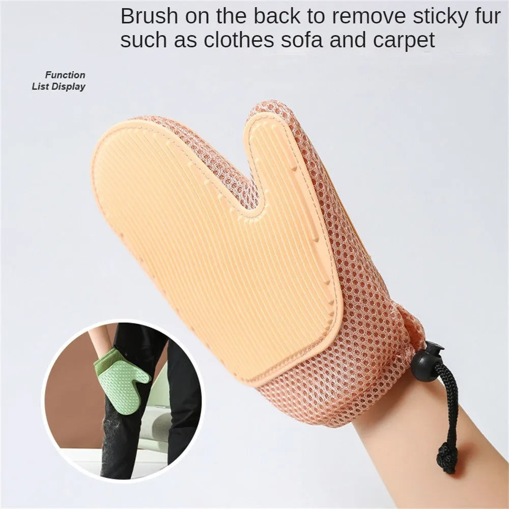 Pet grooming glove for hair removal with mesh fabric surface in choice of three colours