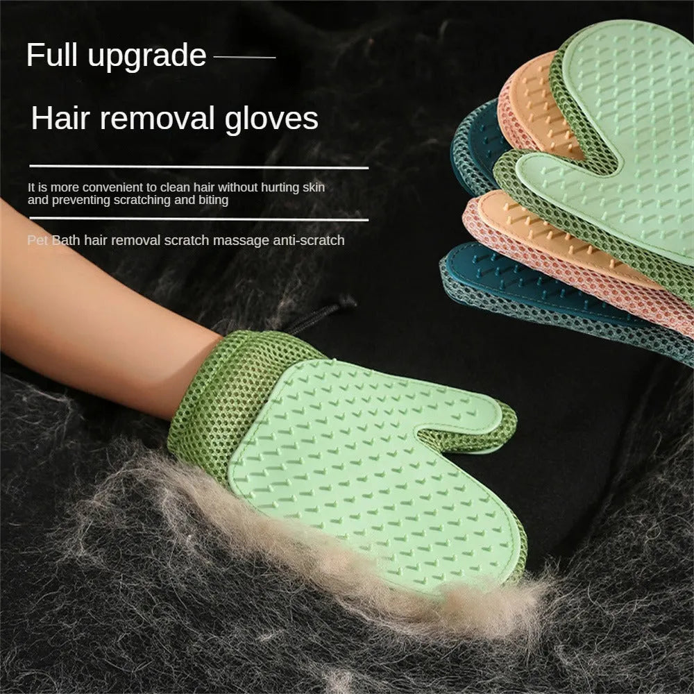 Pet grooming glove for hair removal with mesh fabric surface in choice of three colours