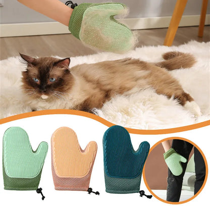 Pet grooming glove for hair removal with mesh fabric surface in choice of three colours