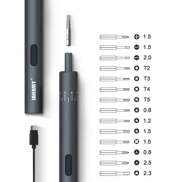 Black aluminium pen-type electric screwdriver with torque adjustment settings displayed on barrel