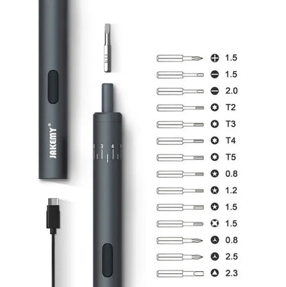 Black aluminium pen-type electric screwdriver with torque adjustment settings displayed on barrel