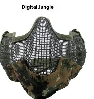 Carbon steel net protective face mask in camouflage pattern for outdoor field use.