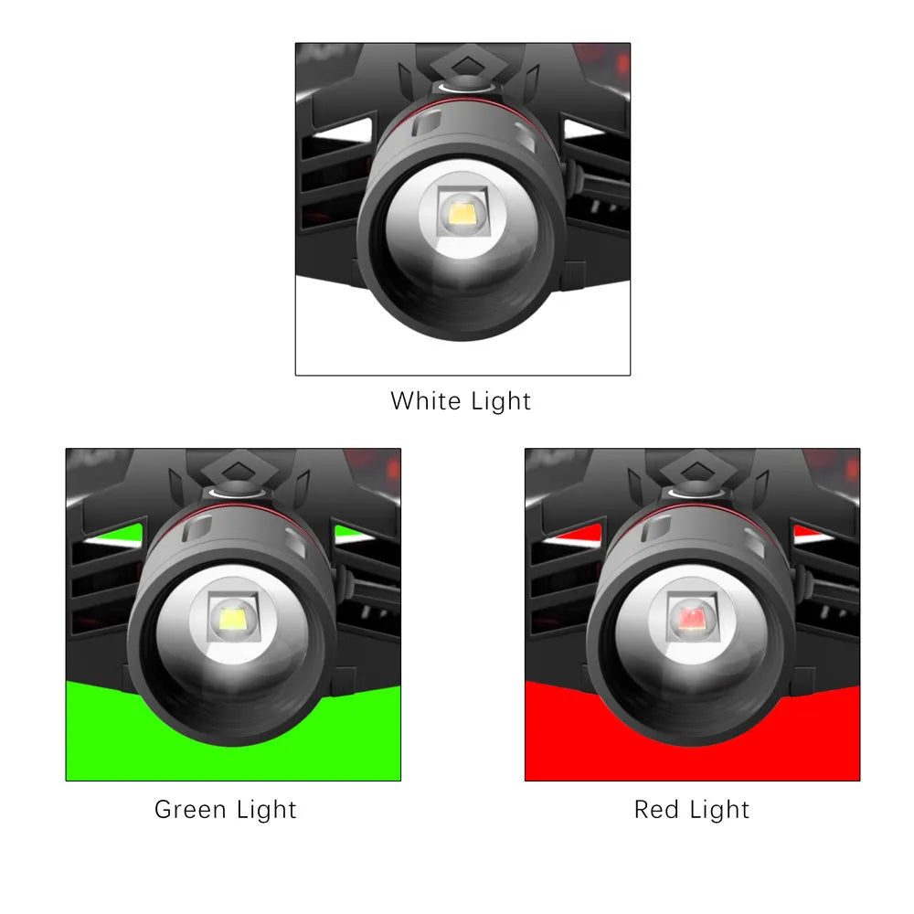 T6 LED zoom headlamp showing white, green, and red light modes with adjustable focus and USB charger.