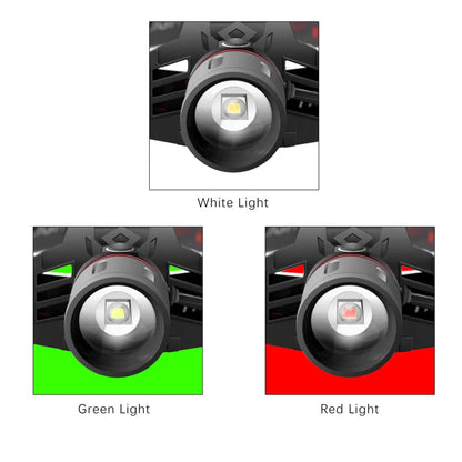 T6 LED zoom headlamp showing white, green, and red light modes with adjustable focus and USB charger.