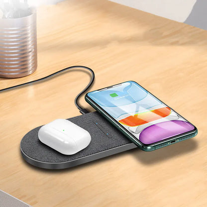 Black dual wireless charging pad set showing two round pads connected by a single Type-C cable.