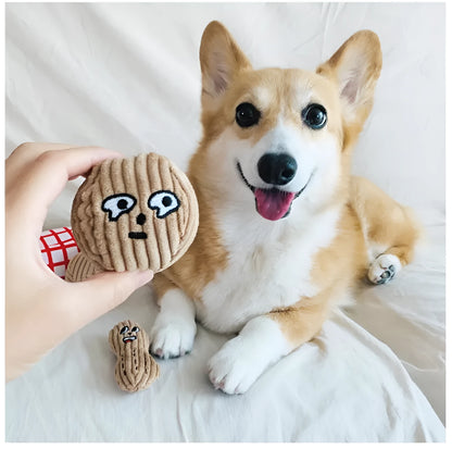 Dog sniffing toy set with two walnut pieces, one peanut piece and snack bag with rustling paper