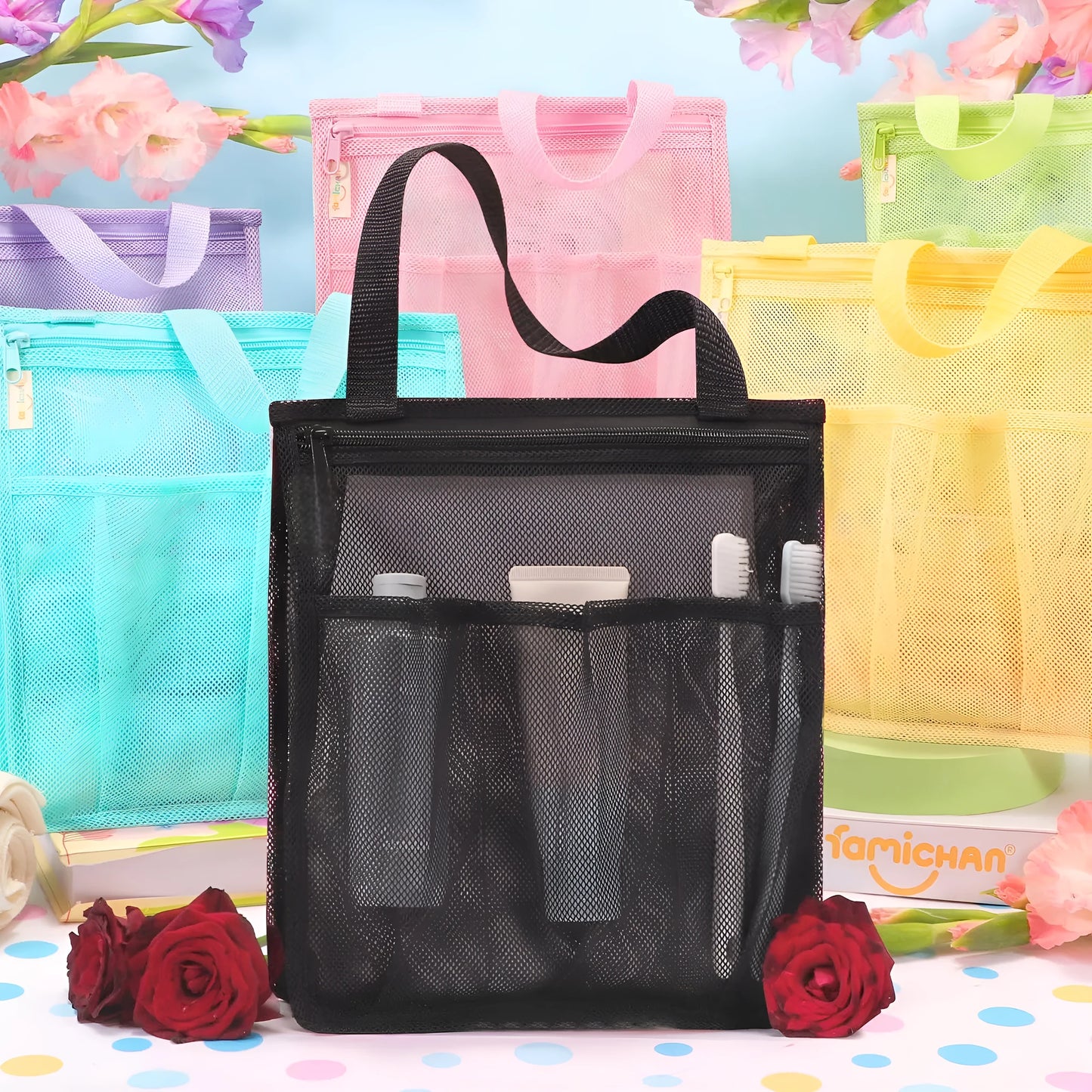 Large black and pink swimming gym bag with dry wet separation and an external mesh pocket.