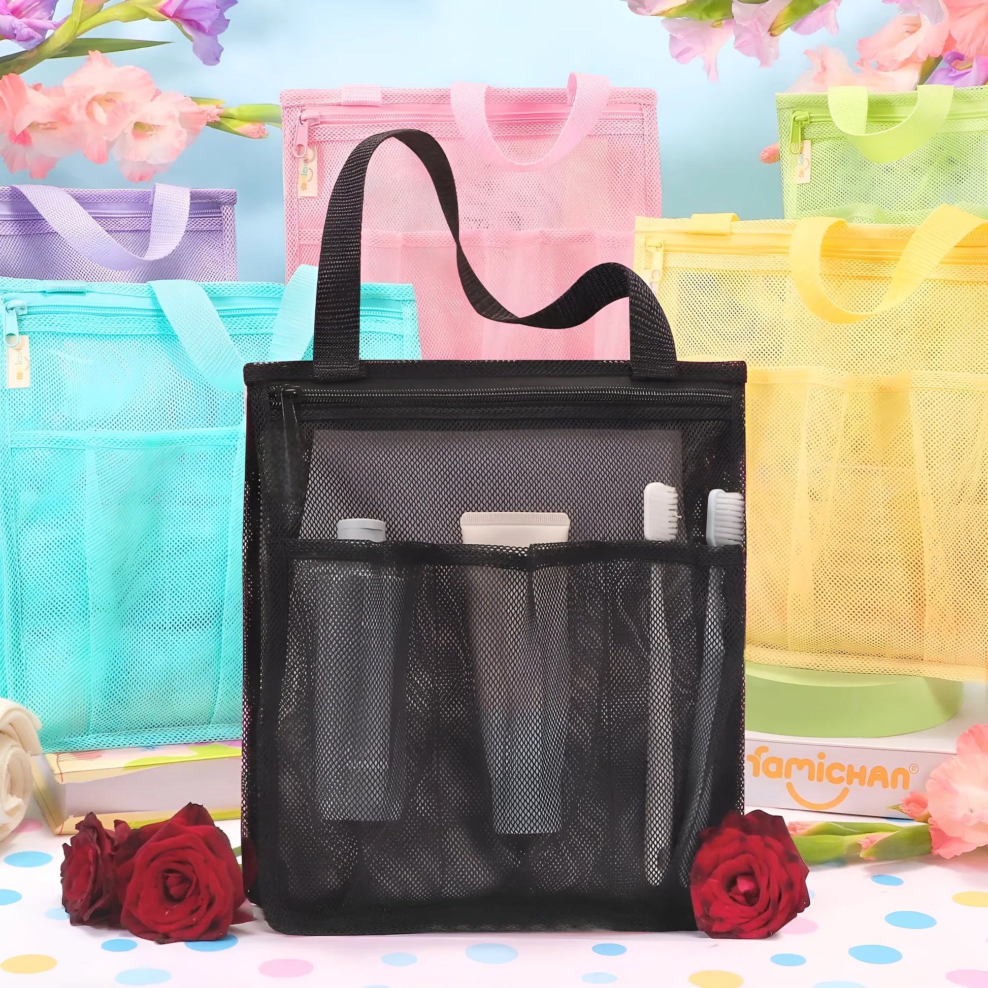 Large black and pink swimming gym bag with dry wet separation and an external mesh pocket.