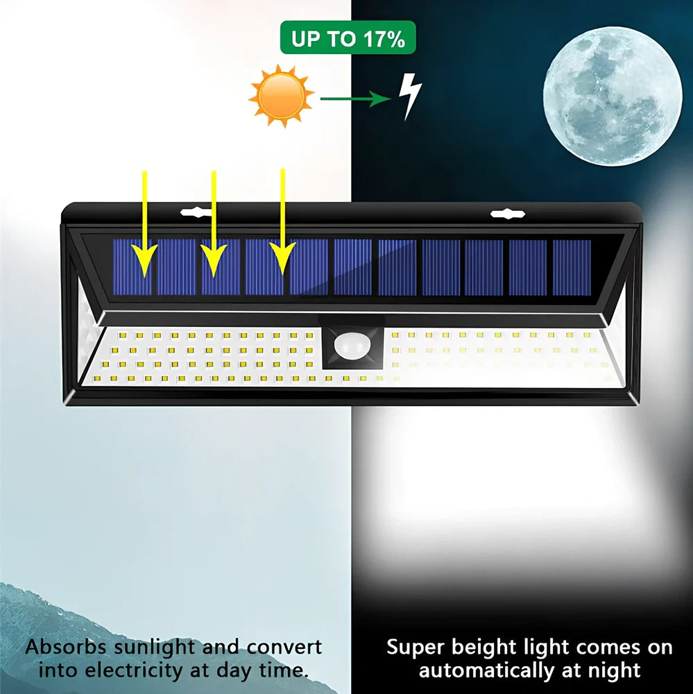 118 LED solar PIR motion sensor outdoor light in cold white, 295x105x50mm ABS build with 4400 mAh battery