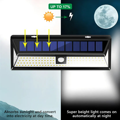 118 LED solar PIR motion sensor outdoor light in cold white, 295x105x50mm ABS build with 4400 mAh battery