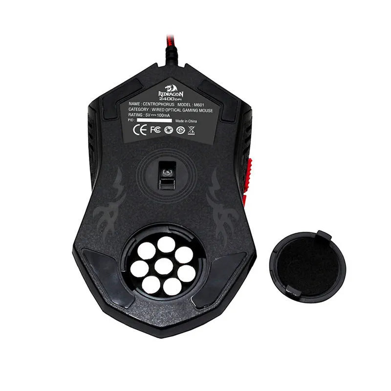Black and red USB wired optical gaming mouse on a desk with visible buttons and scroll wheel.