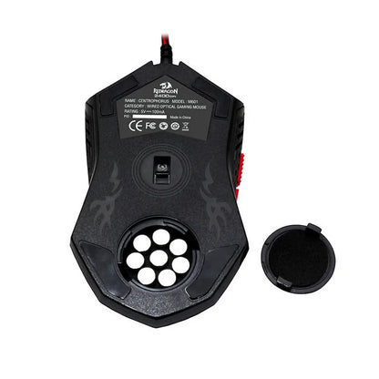 Black and red USB wired optical gaming mouse on a desk with visible buttons and scroll wheel.