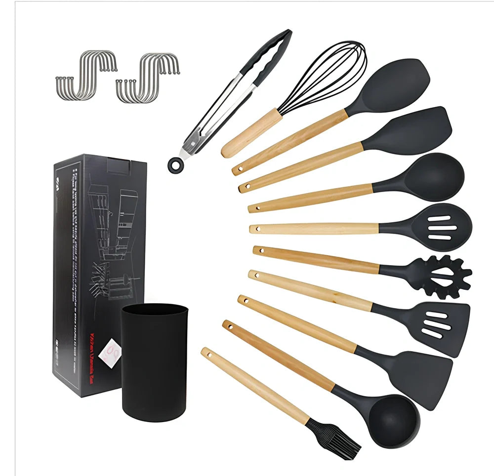 11-piece silicone kitchen utensil set with beech wood handles showing spoons and spatulas