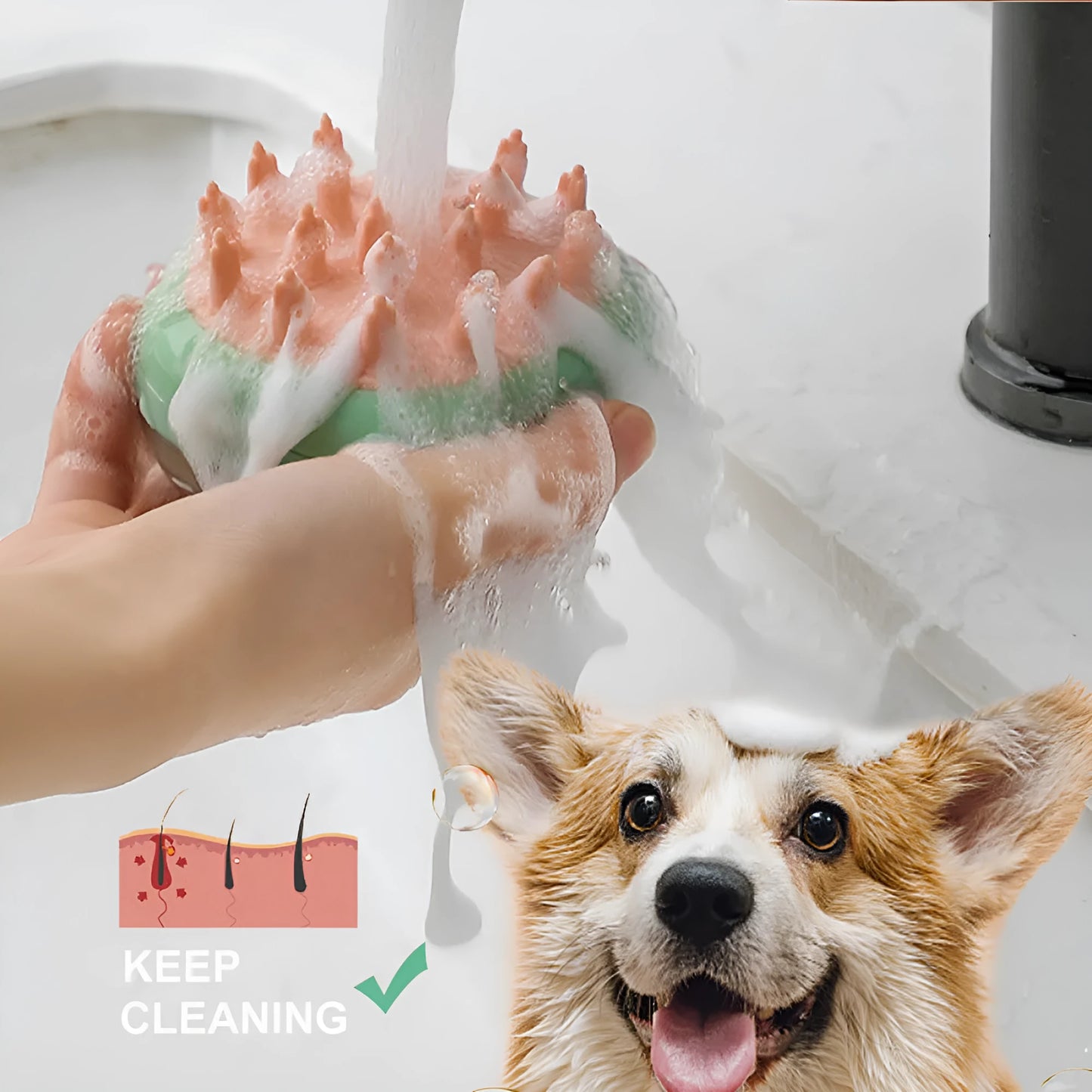 Blue and green pet bath brush with silicone bristles and a shampoo dispenser bottle in hand.