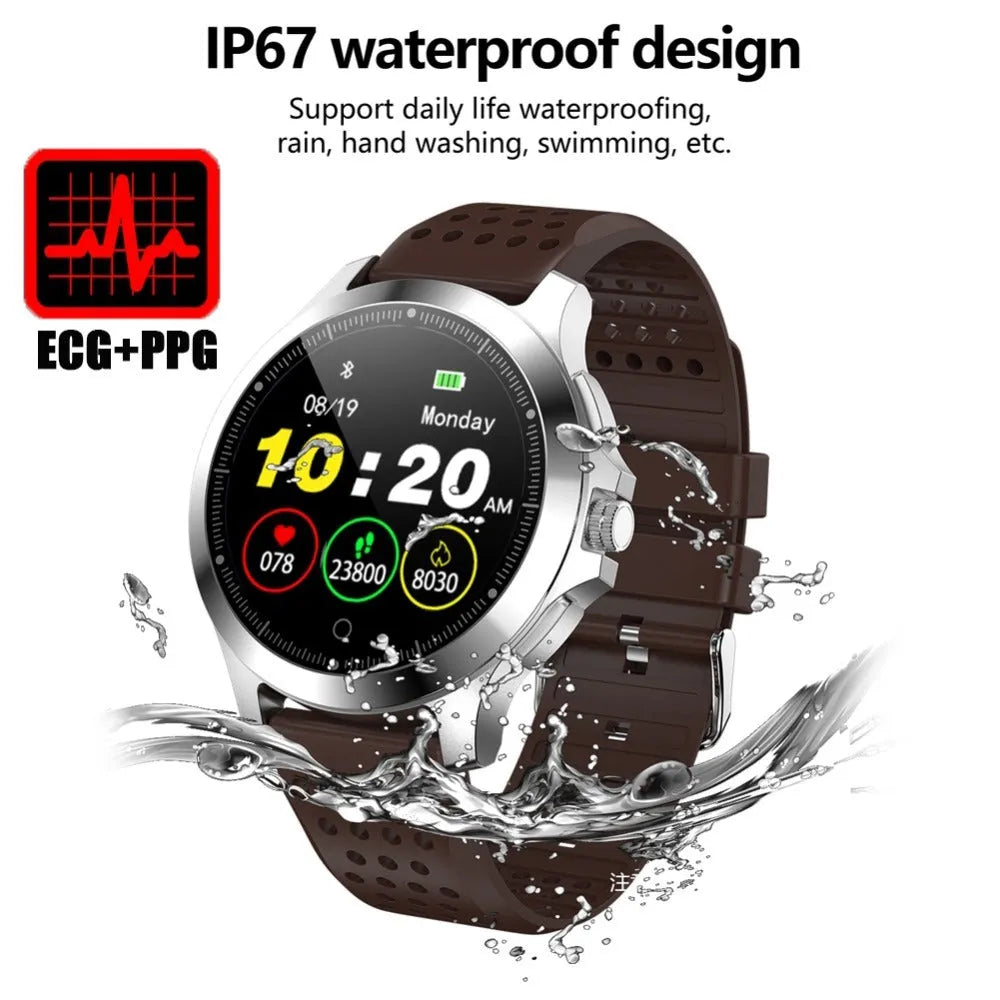 W8 ECG smart bracelet with stainless steel body and TPU strap in black, brown or coffee colour